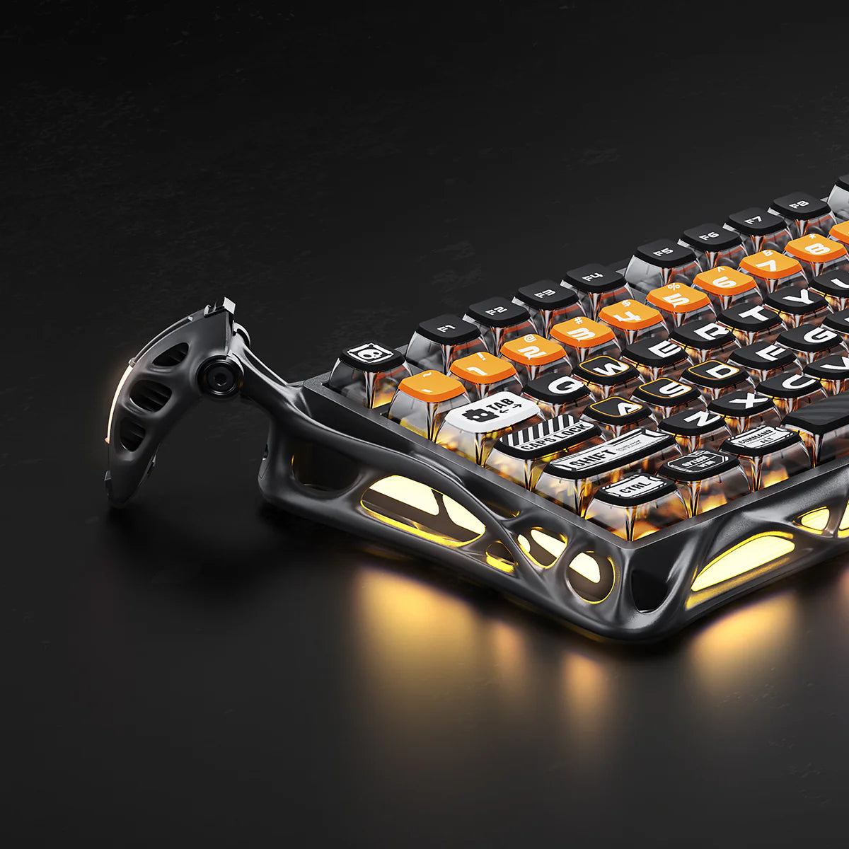 GravaStar Mercury K1 Pro - CyberFlare gaming keyboard (75% compact layout, aluminum alloy frame with nano-textured surface, glowing cybernetic branch accents, South-facing RGB backlighting) paired with Mercury X Pro 8KHz wireless mouse (PAW 3950 sensor, 49g magnesium alloy hollow skeleton, customizable RGB lighting), displayed with a free GravaStar Keyboard Wrist Rest Pad. Highlighting premium build: 70M keystroke-rated GravaStar x Kailh linear switches (silent, 0.4mm quick rebound), gasket-mounted FR4 plat