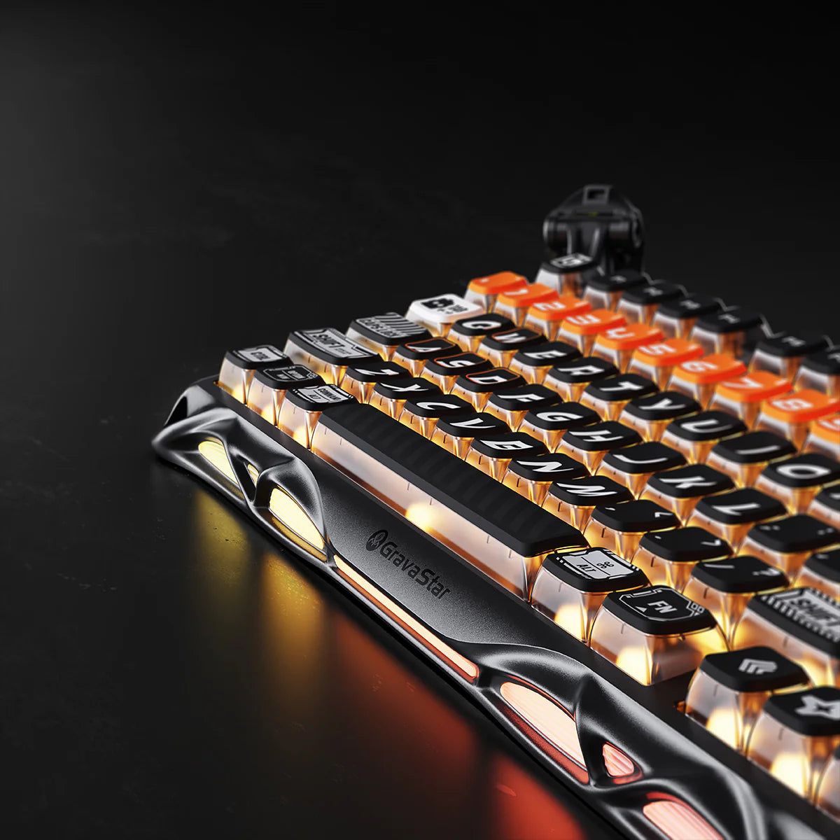 GravaStar Mercury K1 Pro - CyberFlare gaming keyboard (75% compact layout, aluminum alloy frame with nano-textured surface, glowing cybernetic branch accents, South-facing RGB backlighting) paired with Mercury X Pro 8KHz wireless mouse (PAW 3950 sensor, 49g magnesium alloy hollow skeleton, customizable RGB lighting), displayed with a free GravaStar Keyboard Wrist Rest Pad. Highlighting premium build: 70M keystroke-rated GravaStar x Kailh linear switches (silent, 0.4mm quick rebound), gasket-mounted FR4 plat