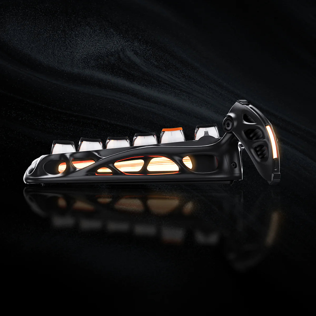 GravaStar Mercury K1 Pro - CyberFlare gaming keyboard (75% compact layout, aluminum alloy frame with nano-textured surface, glowing cybernetic branch accents, South-facing RGB backlighting) paired with Mercury X Pro 8KHz wireless mouse (PAW 3950 sensor, 49g magnesium alloy hollow skeleton, customizable RGB lighting), displayed with a free GravaStar Keyboard Wrist Rest Pad. Highlighting premium build: 70M keystroke-rated GravaStar x Kailh linear switches (silent, 0.4mm quick rebound), gasket-mounted FR4 plat