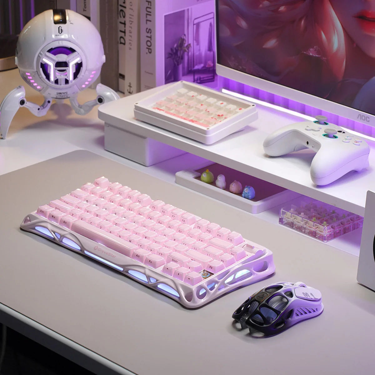 GravaStar Mercury K1 Special Edition in Sakura Pink: aluminum alloy exoskeleton, 88g magnesium frame, hot-swap switches (3/5-pin), customizable RGB lighting (16.7M colors); 5.0-rated for premium build and performance.