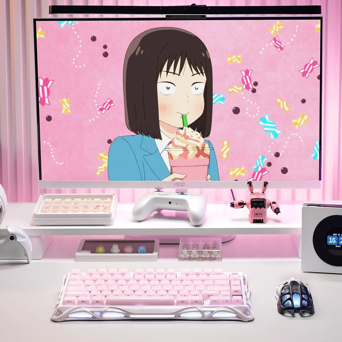 GravaStar Mercury K1 Special Edition in Sakura Pink: aluminum alloy exoskeleton, 88g magnesium frame, hot-swap switches (3/5-pin), customizable RGB lighting (16.7M colors); 5.0-rated for premium build and performance.