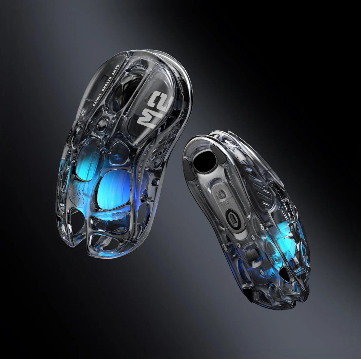 GravaStar Mercury M2 Transparent Black gaming mouse, a 2024 Red Dot Award-winning design featuring a sleek transparent black finish with ambidextrous ergonomic shape, compatible with palm, tip, and claw grips. Equipped with the high-precision PAW3395 sensor (26,000 DPI, 650 IPS acceleration, 1,000 Hz wireless polling rate) for pixel-perfect tracking, plus 82 hours of battery life (USB-C wired/Bluetooth 5.1). Highlighted specs: 5 programmable buttons with macro support, 5 customizable RGB lighting modes (16.