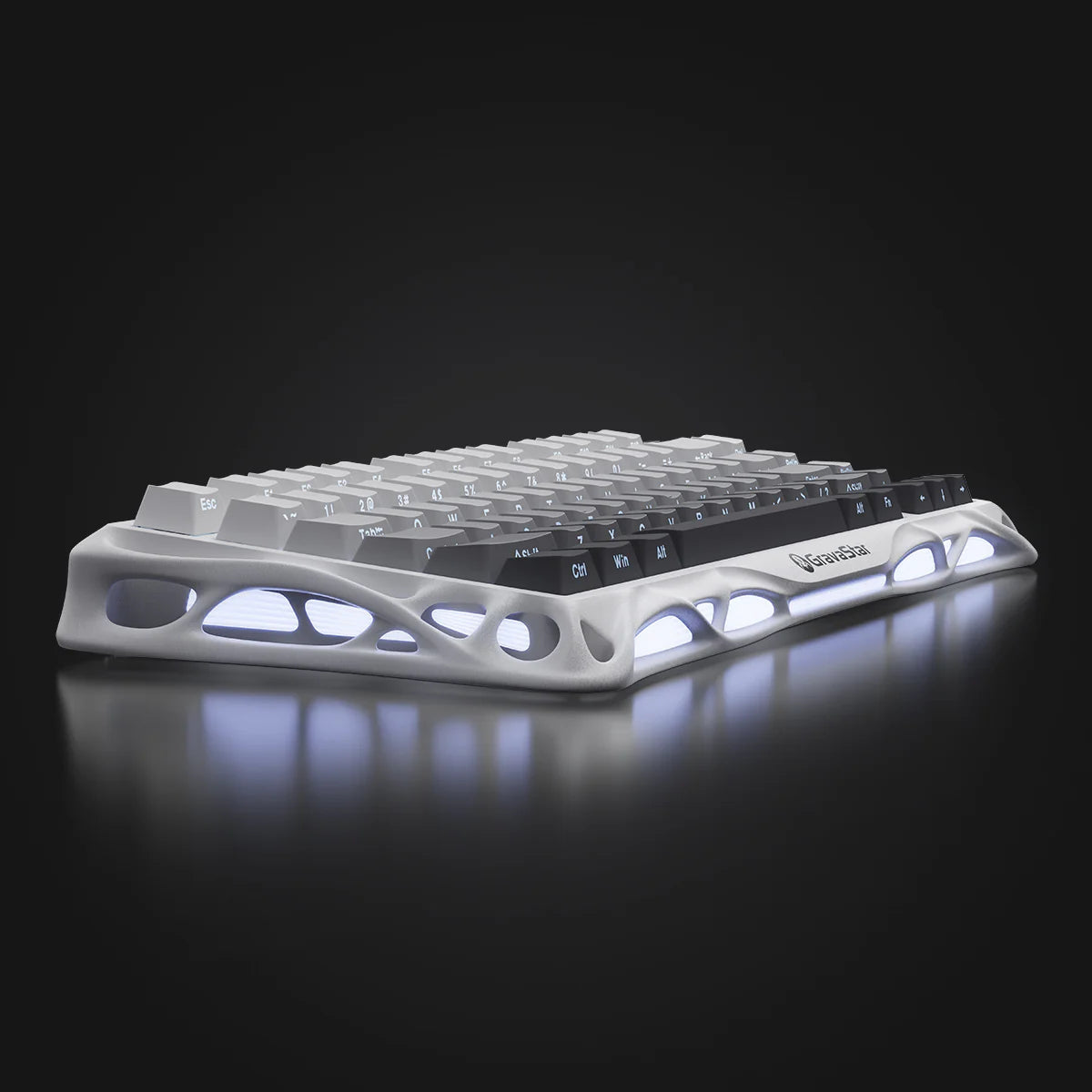 GravaStar Pro Gaming Set in Gradient White: Mercury K1 gradient keyboard (aluminum alloy exoskeleton, 88g magnesium frame, hot-swap switches) paired with Mercury M1 Pro mouse, featuring customizable RGB lighting (16.7M colors).