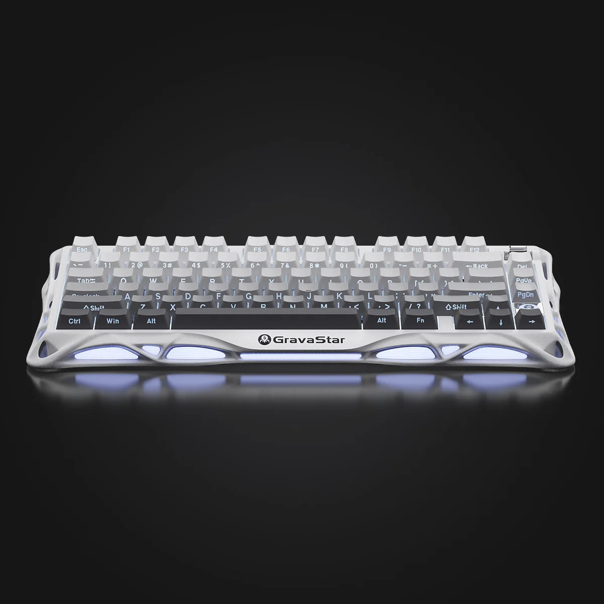 GravaStar Pro Gaming Set in Gradient White: Mercury K1 gradient keyboard (aluminum alloy exoskeleton, 88g magnesium frame, hot-swap switches) paired with Mercury M1 Pro mouse, featuring customizable RGB lighting (16.7M colors).