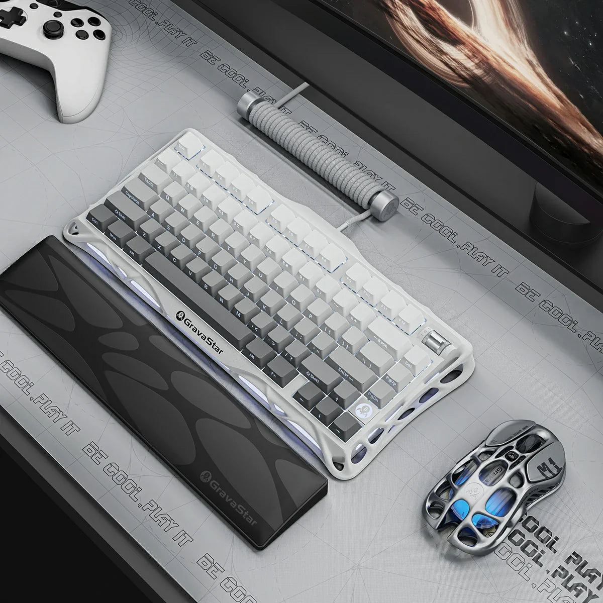 GravaStar Pro Gaming Set in Gradient White: Mercury K1 gradient keyboard (aluminum alloy exoskeleton, 88g magnesium frame, hot-swap switches) paired with Mercury M1 Pro mouse, featuring customizable RGB lighting (16.7M colors).