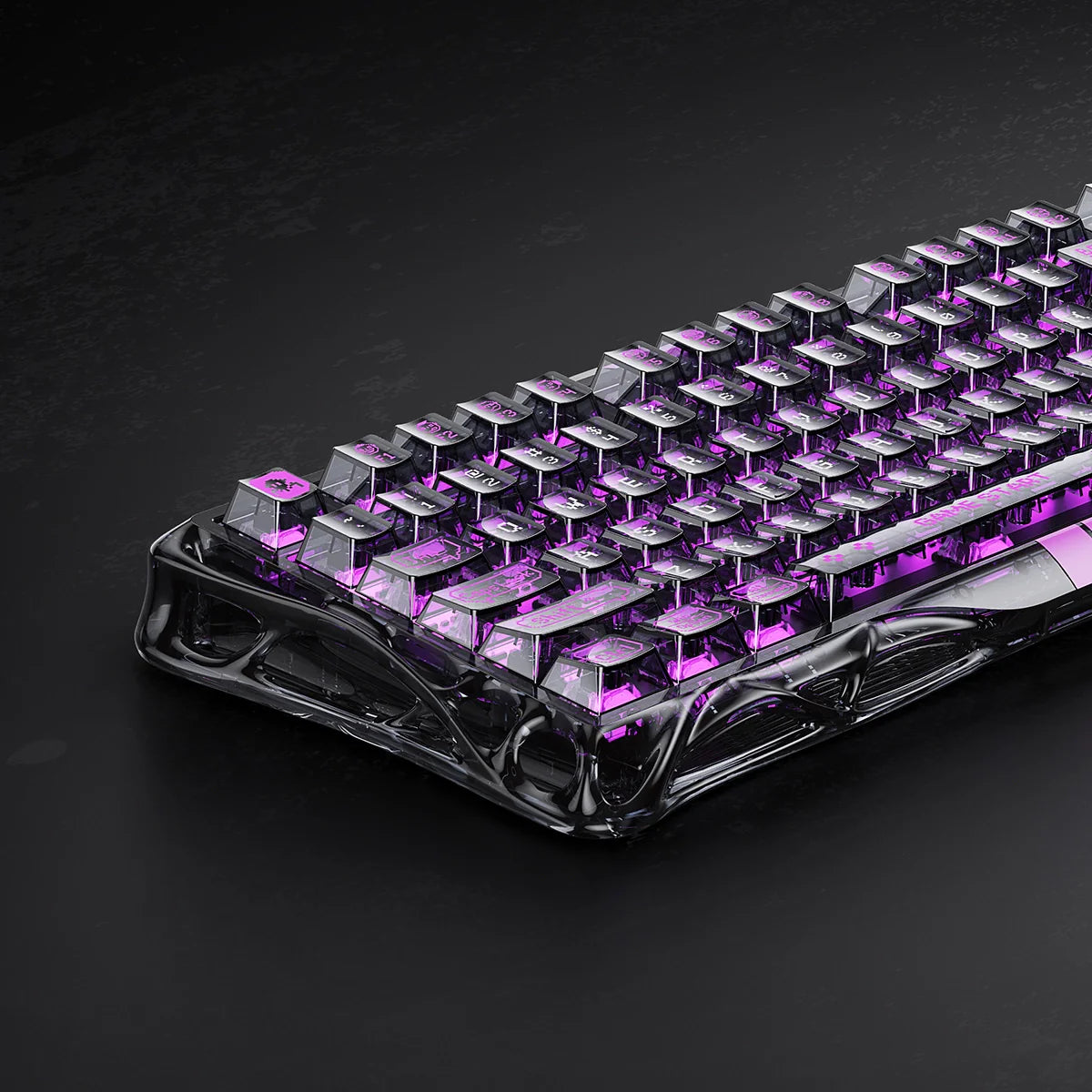 Gravastar Mercury V75 Lite "Transparent Black" special edition gaming keyboard hero shot, showcasing sleek transparent design, semi-plastic frame, and vibrant RGB lighting.