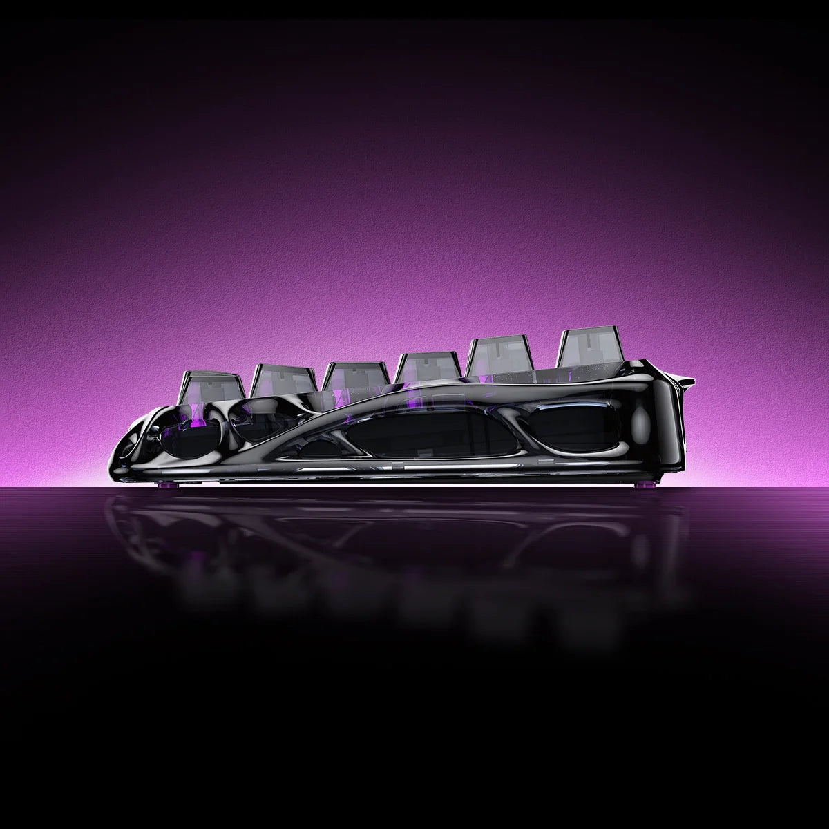 Gravastar Mercury V75 Lite "Transparent Black" special edition gaming keyboard hero shot, showcasing sleek transparent design, semi-plastic frame, and vibrant RGB lighting.