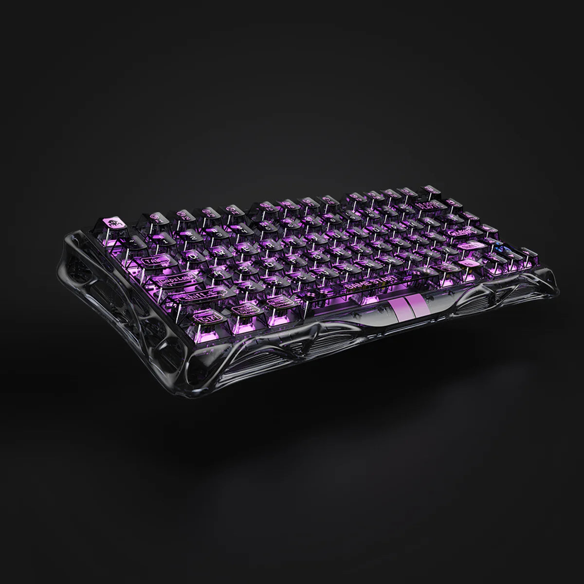 Gravastar Mercury V75 Lite "Transparent Black" special edition gaming keyboard hero shot, showcasing sleek transparent design, semi-plastic frame, and vibrant RGB lighting.