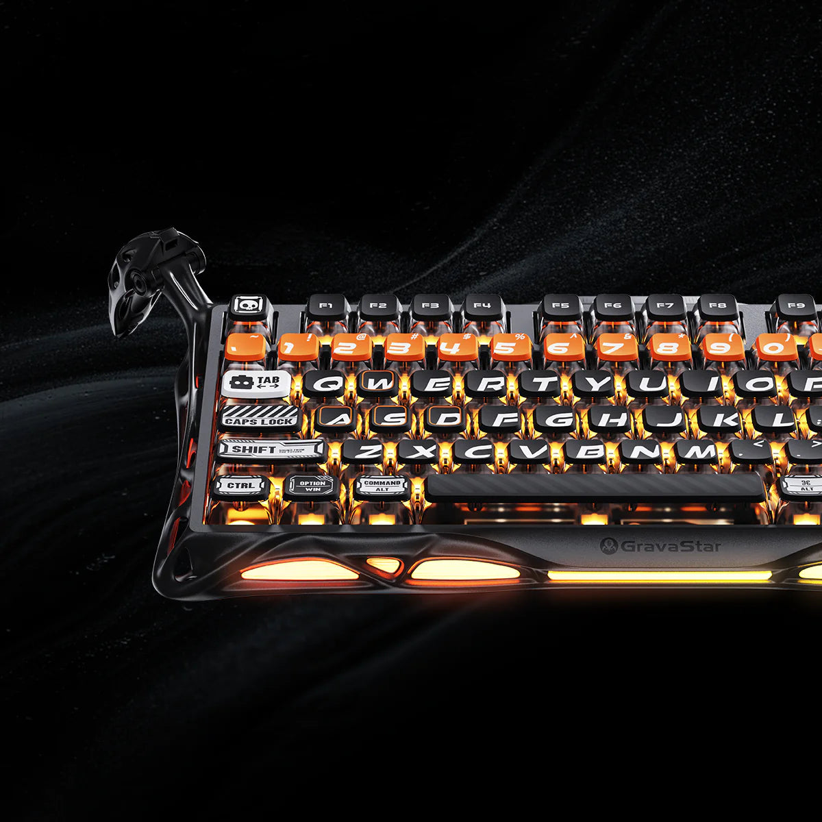 GravaStar Mercury K1 Pro - CyberFlare gaming keyboard (75% compact layout, aluminum alloy frame with nano-textured surface, glowing cybernetic branch accents, South-facing RGB backlighting) paired with Mercury X Pro 8KHz wireless mouse (PAW 3950 sensor, 49g magnesium alloy hollow skeleton, customizable RGB lighting), displayed with a free GravaStar Keyboard Wrist Rest Pad. Highlighting premium build: 70M keystroke-rated GravaStar x Kailh linear switches (silent, 0.4mm quick rebound), gasket-mounted FR4 plat