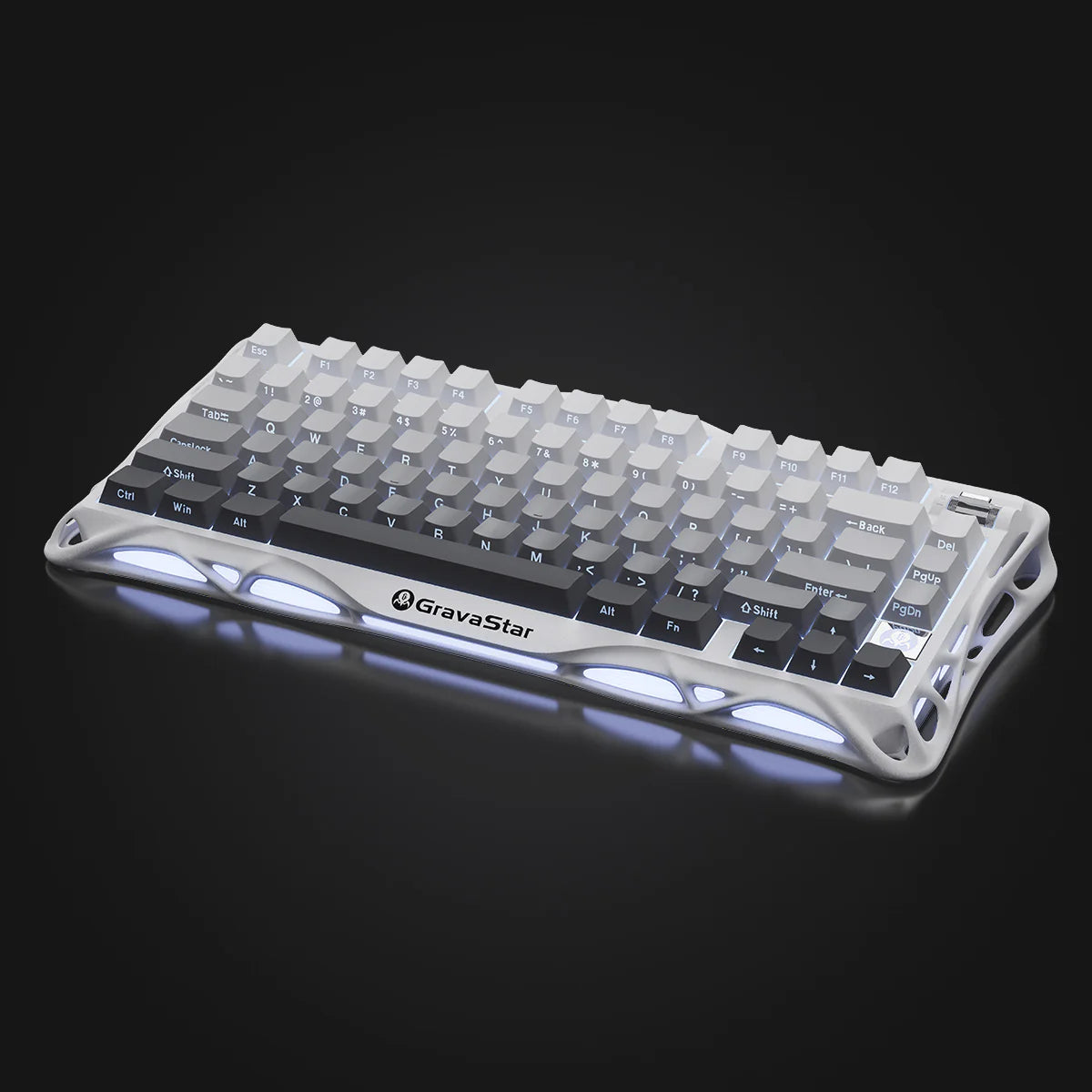 GravaStar Pro Gaming Set in Gradient White: Mercury K1 gradient keyboard (aluminum alloy exoskeleton, 88g magnesium frame, hot-swap switches) paired with Mercury M1 Pro mouse, featuring customizable RGB lighting (16.7M colors).