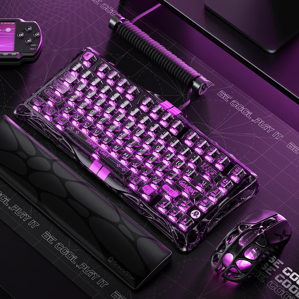 Gravastar Mercury V75 Lite "Transparent Black" special edition gaming keyboard hero shot, showcasing sleek transparent design, semi-plastic frame, and vibrant RGB lighting.